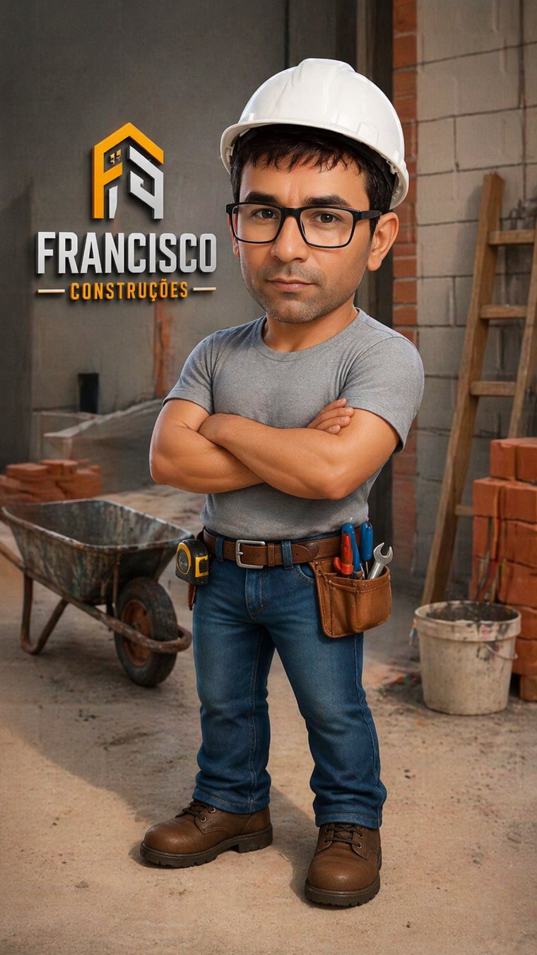 Francisco, da Francisco Construções, de capacete e cinto de ferramentas em um canteiro de obras